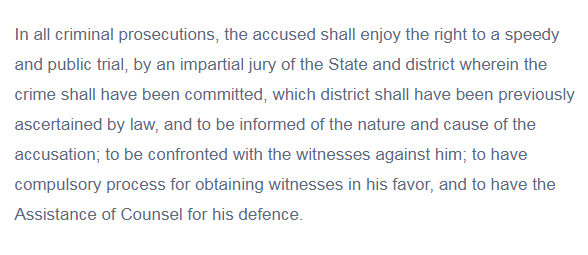 The 6th Amendment begins with the clause "In all criminal prosecutions," and this caveat applies to the rights enumerated thereafter. Impeachment isn't a criminal prosecution; ergo, the 6th Amendment doesn't apply to impeachment proceedings.