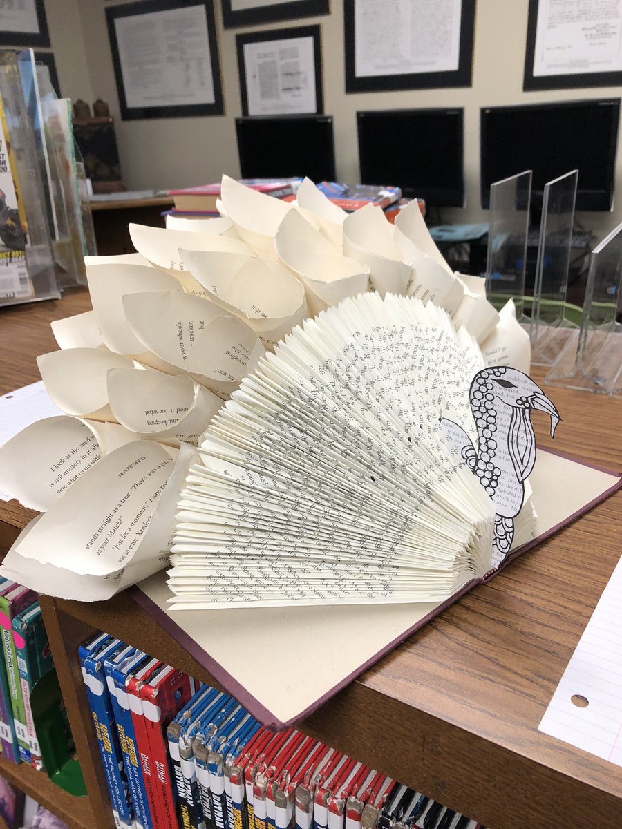 MrsBookShepherd's tweet photo. Grateful for our veterans, wonderful parent feedback, & student collaboration. Great week in the #WebbLibrary #gisdlibraries #welcomingwalkthrough #bookturkeys https://t.co/nFlf5UaDP8