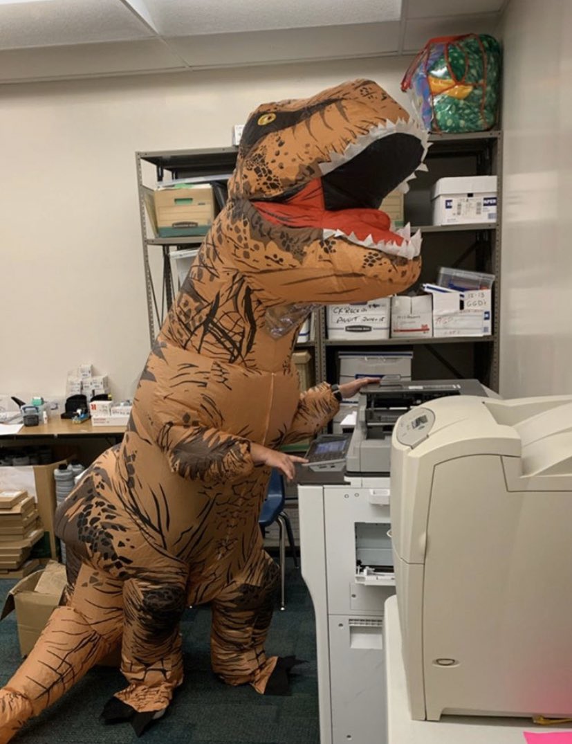 HeatherbHunter's tweet photo. Only seen on non-uniform Friday mornings in the copy room of Roland Park IB School. The Copy T-Rex! @rpk8magnet @PTSARolandPark @MoBarber05 #TRex #CopyRoom #Friday https://t.co/nYE7o4Adyg