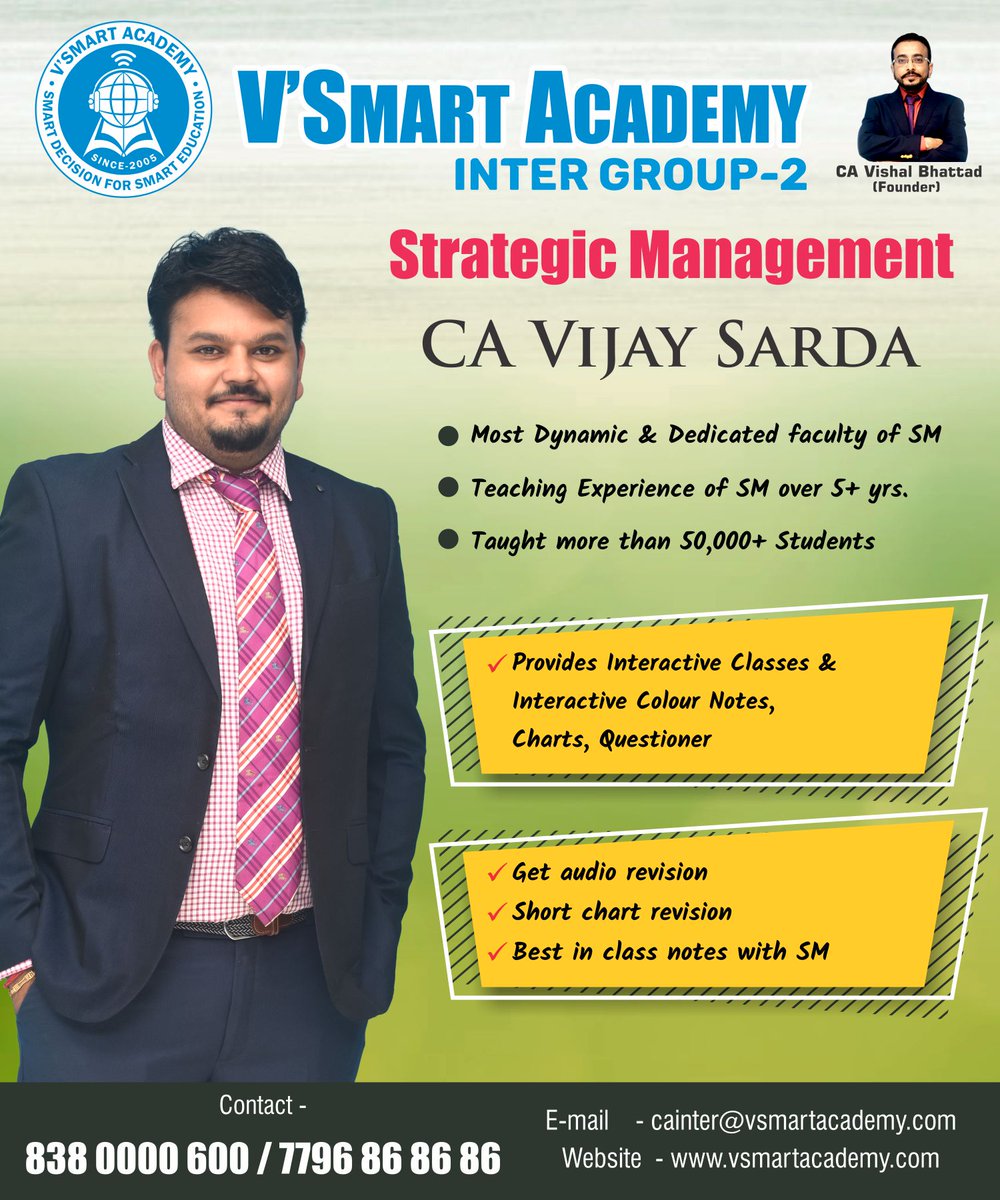 vsmartacademy's tweet photo. #vsmartacademy #pune✌️
📌#CAInterGroup2 | https://t.co/9NLPKijCoL🌐
Faculty of #StrategicManangement: #CAVijaySarda
✅Teaching Experience of SM over 5+years
✅Taught more than 50000+ Students
🔸1st Batch is started from 13th November &
🔸2nd Batch is starting from 1st December https://t.co/nWNrJKoreW