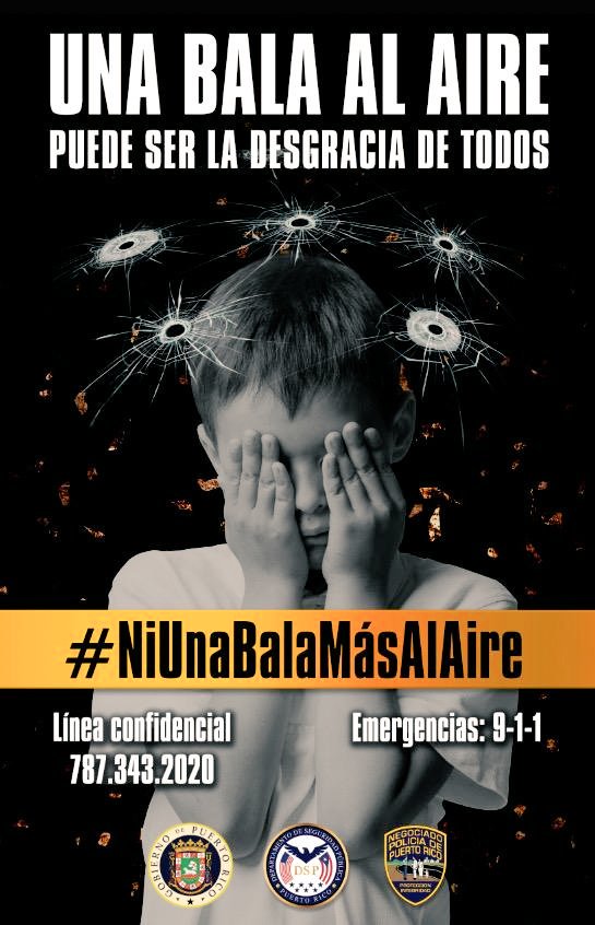 Comparta El afiche oficial de la campaña no más balas al aire bajo el lema "UNA BALA AL AIRE PUEDE SER LA DESGRACIA DE TODOS". 
<a href="/DSPnoticias/">Departamento de Seguridad Pública de Puerto Rico</a>