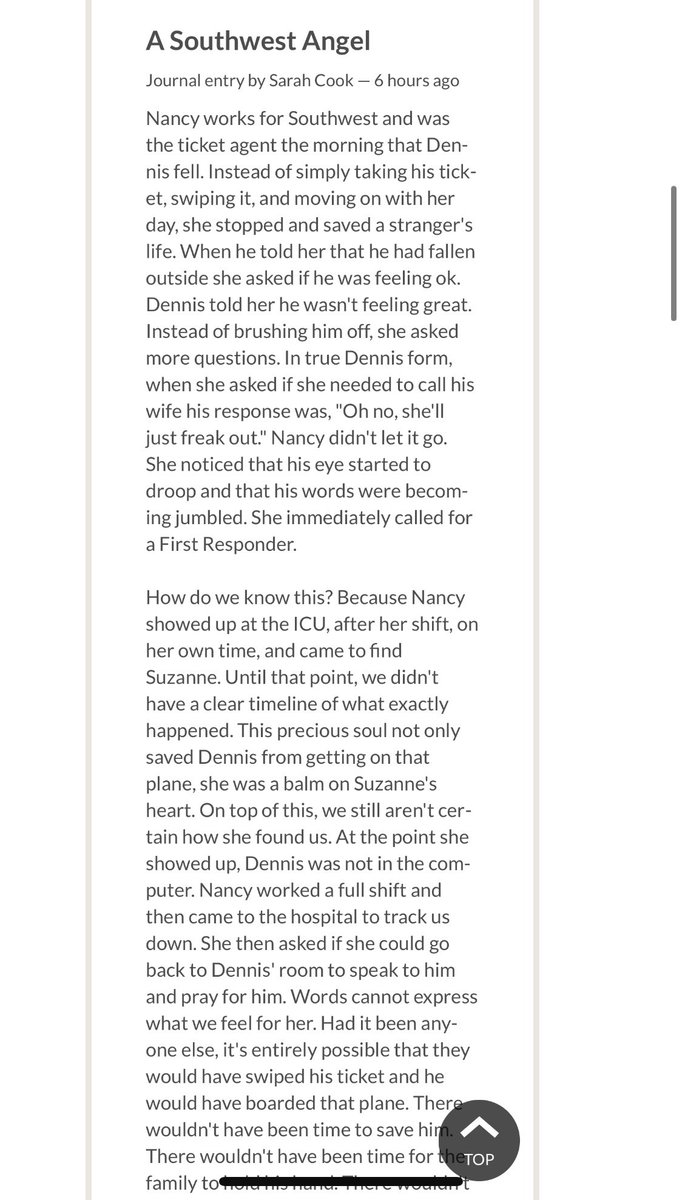 sayzabee's tweet image. I can’t figure out how to share a specific journal entry so I’ll do a screenshot. My family has an eternal debt to Nancy at @SouthwestAir ❤️ #BeANancy