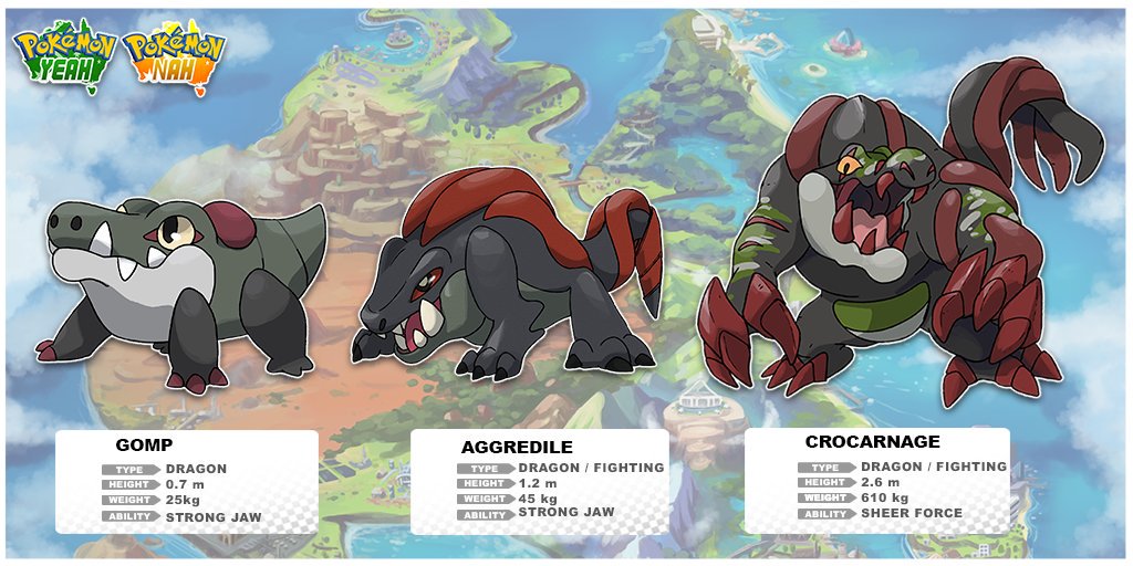 Meet Gomp and it's evolutions, they're absolute units.Gomp is a cute one that rolls around when excited. Aggredile and Crocarnage are real beauties. They have powerful jaws, and use their entwined tails to help them spin when they clamp down. They are said to live for 300 years