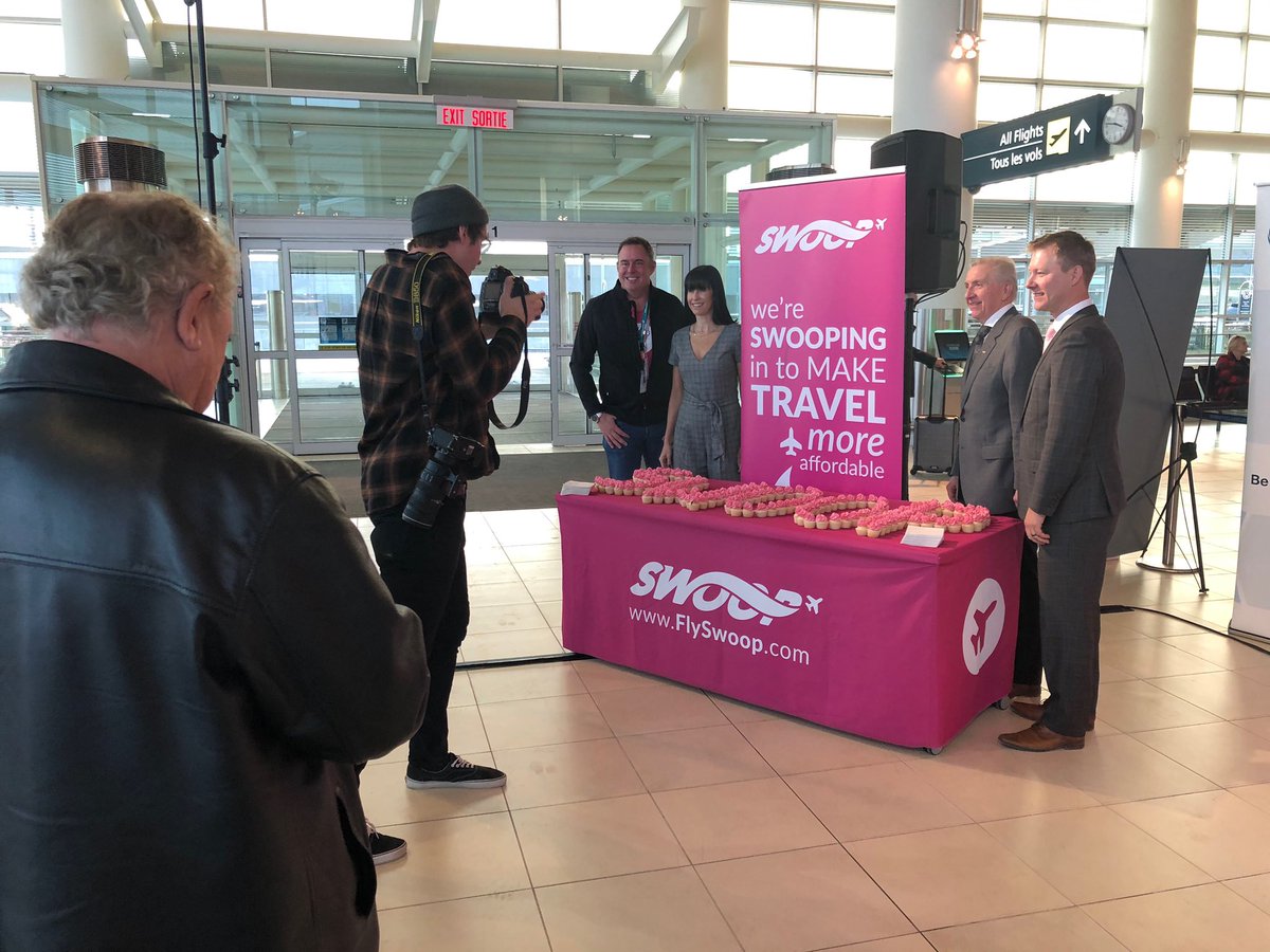BrooklinePR's tweet photo. Today we “swooped” over to @YWGairport to celebrate a number of new @FlySwoop inaugural flights including direct to Vegas! #bprdifferent https://t.co/g6Lujs016a
