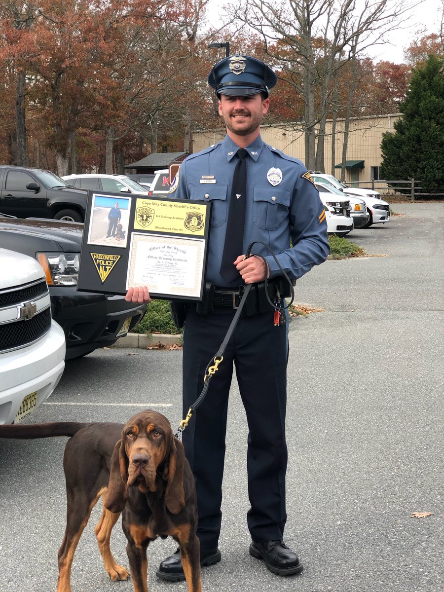 HaddonfieldPol1's tweet photo. The police department couldn’t be prouder of Cpl.Sorg and K9 Blue for completing an intensive 10 week Bloodhound Academy. Sorg &amp; Blue graduated at the top of the class by successfully making over 150 “tracks” with the longest one over 3 miles!! https://t.co/vDCs12R325