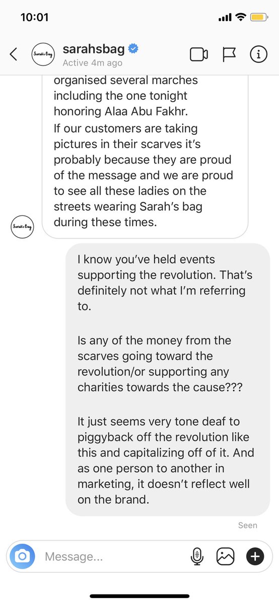 TeezLebanese's tweet photo. Is NO ONE going to talk about @sarahsbag monetizing off the Lebanese revolution by making “revolution scarves”? 0% of the $ goes toward the cause, I’ve asked. #ثوره_لبنان_الجديد https://t.co/ufOUpHOJ2C