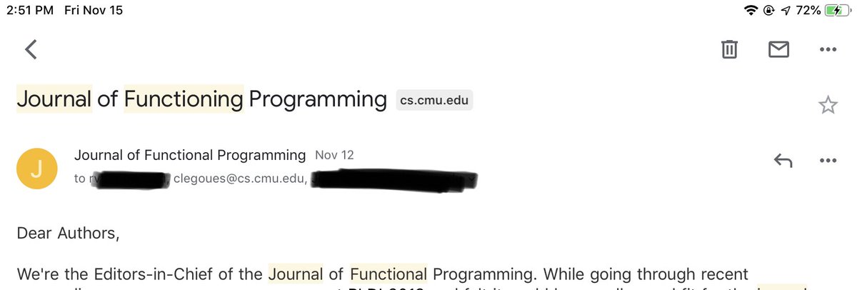 Screenshot of an email with subject line “Journal of Functioning Programming”, message body beginning with “Dear Authors, We’re the Editors-in-Chief of the Journal of Functional Programming...”