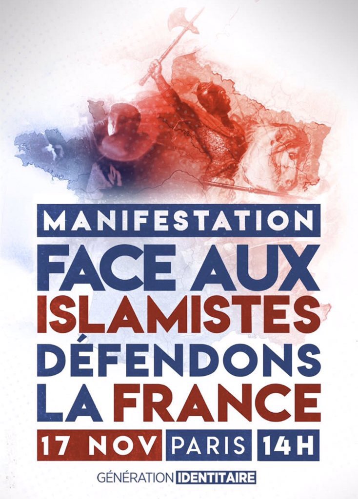 Face au péril islamiste qui menace notre pays, le SIEL appelle à défendre la France en participant à la manifestation du dimanche 17 novembre à Paris.

Rassemblement : 14 heures, place Denfert-Rochereau (14e).
Dispersion : 17 heures, place Cambronne (15e).

#GénérationIdentitaire