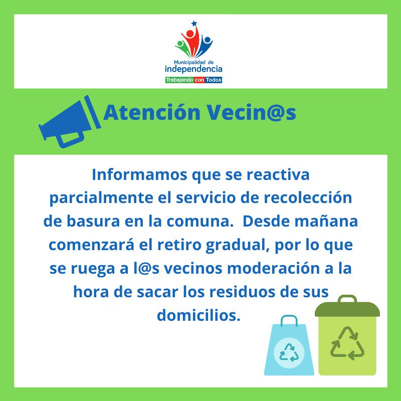 🔴 [Recolección de basura] Informamos que desde mañana se reinicia el servicio de manera gradual, esperando estar 100% operativos antes del lunes. Agradecemos a l@s vecin@s por su cooperación 💪