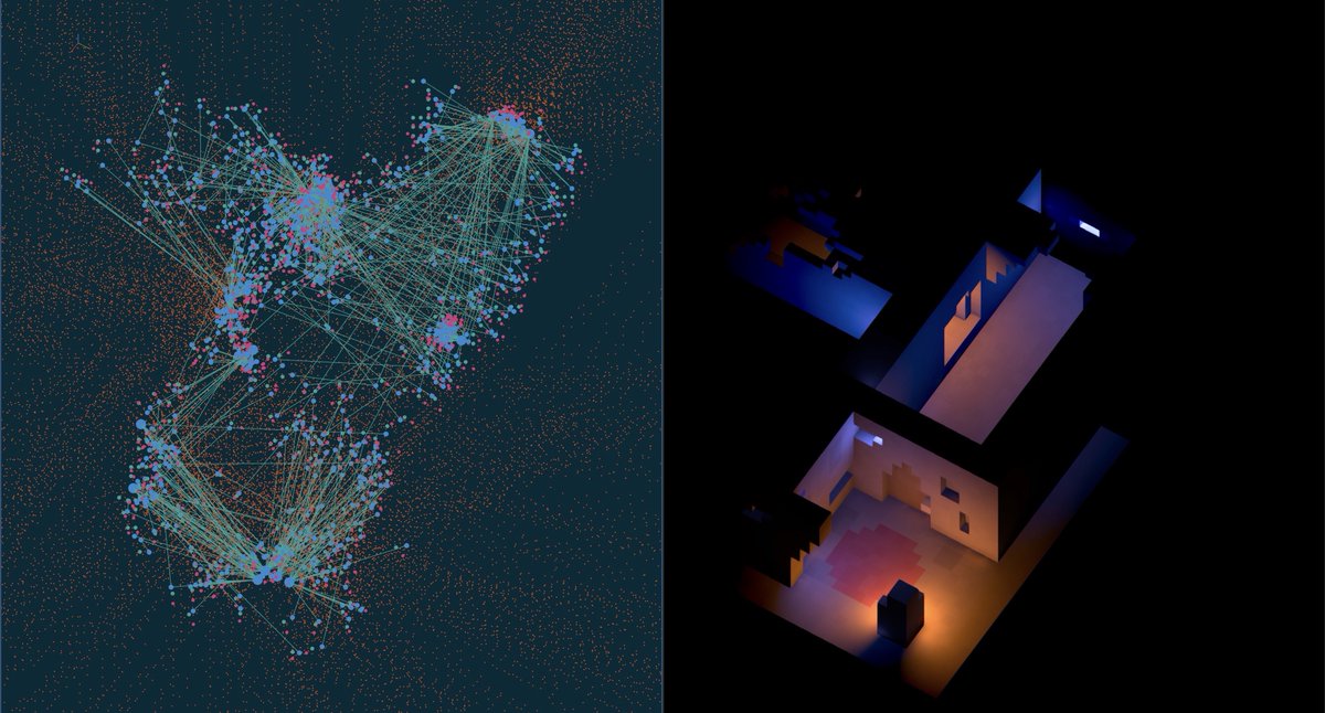 Visualization of instant radiosity: the dots connected by lines represent light bounces and the new lights they create.  Larger dots are more powerful lights.  The small red points indicate voxel grid locations that were queried during a bounce.  Images are aligned left to right.