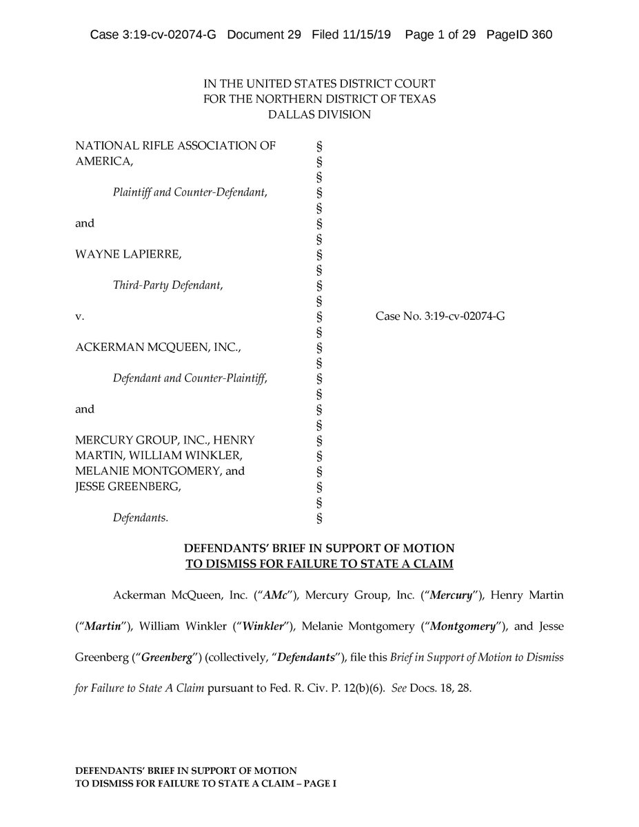 Brief/Memorandum in Support"...because the NRA fails to allege sufficient facts to support a fraud claim against Mercury, its conspiracy claim against Mercury, which is predicated on fraud, crumbles like a house of cards." https://www.courtlistener.com/recap/gov...