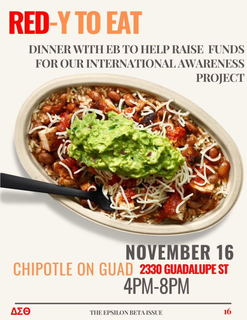 TexasDeltas's tweet image. Come kick off Delta Week with Epsilon Beta tomorrow at Chipotle!! If you live on campus or in Riverside, contact @KeiWi_25 about possibly getting a ride there! #DeltaWeek #EpsilonBeta ❤️