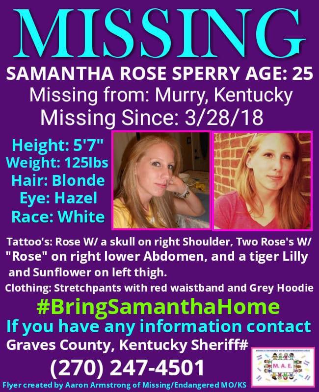 SAMATHA ROSE SPERRY went missing in March of 2018 from Murry, KY. Please help her family and friends bring her home! 

#SamanthaRoseSperry #SamanthaRose #MissinginKentucky #MissingPerson #FindMe #MurryKY