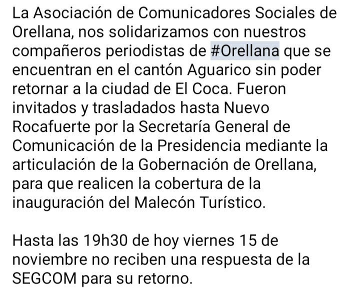 ACSO_EC's tweet photo. @ComunicacionEc @Lenin Favor ayudar con transporte de retorno. De allá la única vía es fluvial, 8 horas en canoa y 4 en deslizador. No existen turnos frecuentes para que se trasladen. https://t.co/iIOPzIKVty