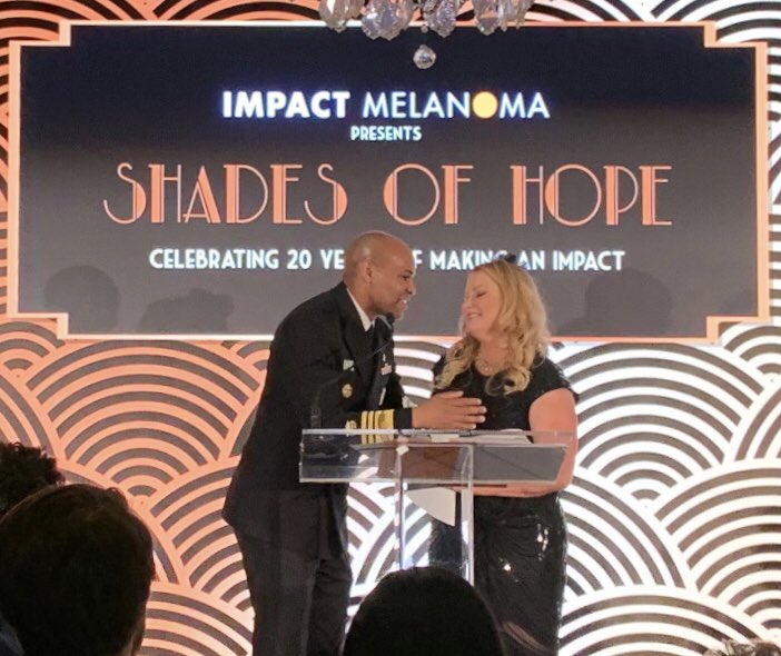 SO PROUD!  Just listened to my wife (who HATES public speaking) share her story about her melanoma journey, and encourage sun safety and skin cancer screening at the ⁦@IMPACTMelanoma⁩ Shades of Hope gala!  #besunsafe