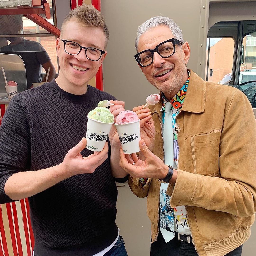 goldblumlooks's tweet photo. Jeff and Tyler Malek enjoying @saltandstraw ice cream for #TheWorldAccordingToJeffGoldblum, now on @disneyplus https://t.co/lbLyVaQNgR