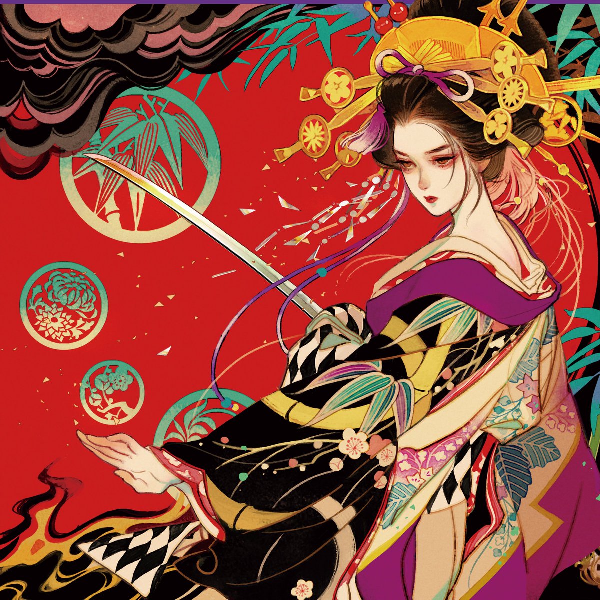 1girl japanese clothes solo sword kimono weapon kanzashi  illustration images