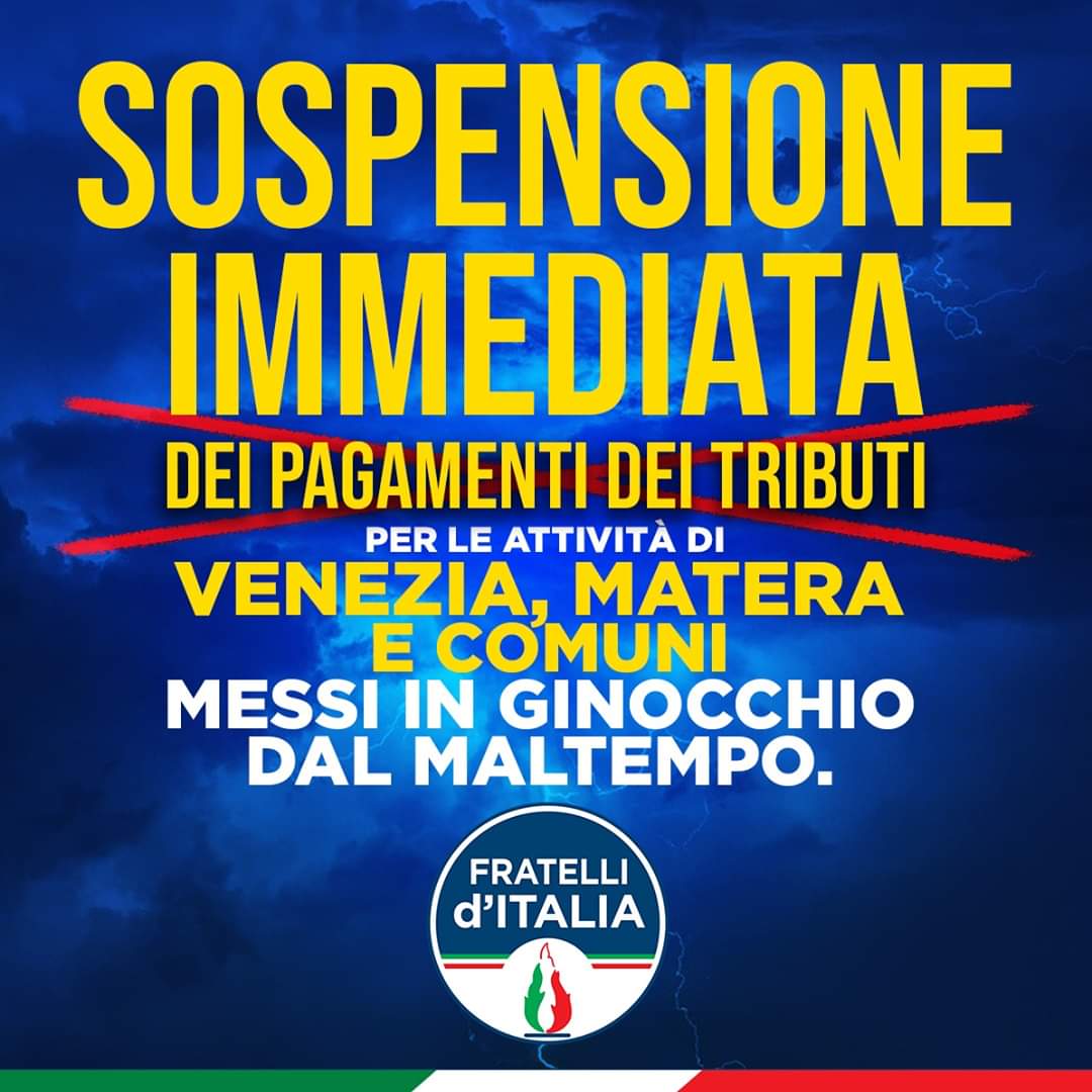 La solidarietà non si dimostra a parole: sospendere SUBITO il pagamento dei tributi per le imprese  colpite dal maltempo. #Venezia, costa veneta, #Chioggia, #Delta polesano devono ripartire! 
<a href="/FratellidItaIia/">L’ortografia!</a> <a href="/GiorgiaMeloni/">Giorgia Meloni</a> #veneziaacquaalta