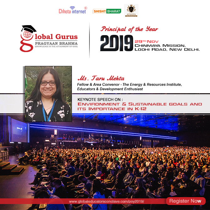 ConclaveGuru's tweet photo. Ms. Taru Mehta - Fellow &amp; area convenor - TERI, Educator &amp; Development enthusiast is going to give her keynote speech on Environment &amp; sustainable goals &amp; its importance IN K-12 at Principal of the Year 2019 on the 29th of Nov. at Chinmaya Mission, Lodhi Road, New Delhi. https://t.co/BlJivFe0fV
