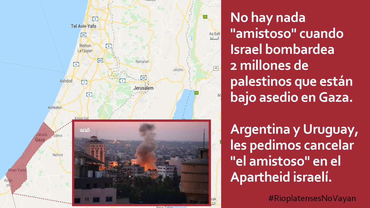 proucomplicitat's tweet photo. .@Argentina Israel ha estado bombardeando Gaza y ha asesinado a 34 personas.

Aún estáis a tiempo de cancelar y de ser recordados por poneros al lado de los derechos humanos. Sino, seréis recordados como cómplices del bloqueo, la ocupación y el apartheid.

#RioplatensesNoVayan https://t.co/9UDhAMOAXV