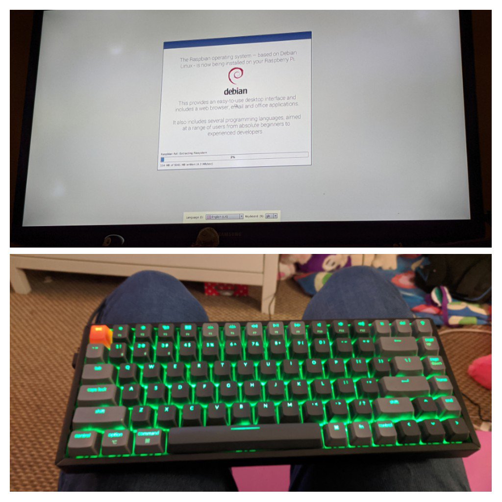 CarlosChacin's tweet image. With a new @Raspberry_Pi installing a @debian based OS #RaspberryPi using my also new @real_keychron keyboard #geekmodeon