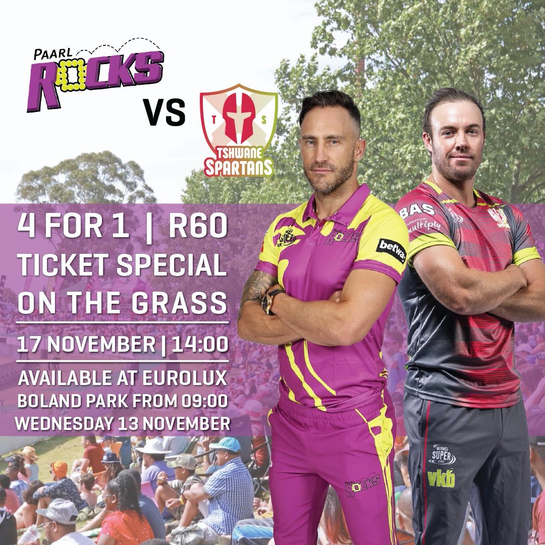 THE GREAT TICKET SPECIAL!

This Sunday's @MSL_T20 game <a href="/paarlrocks/">Alexanderjackson</a> vs <a href="/tshwanespartans/">Tshwane Spartans</a> 

#MSLT20 #PaarlRocks