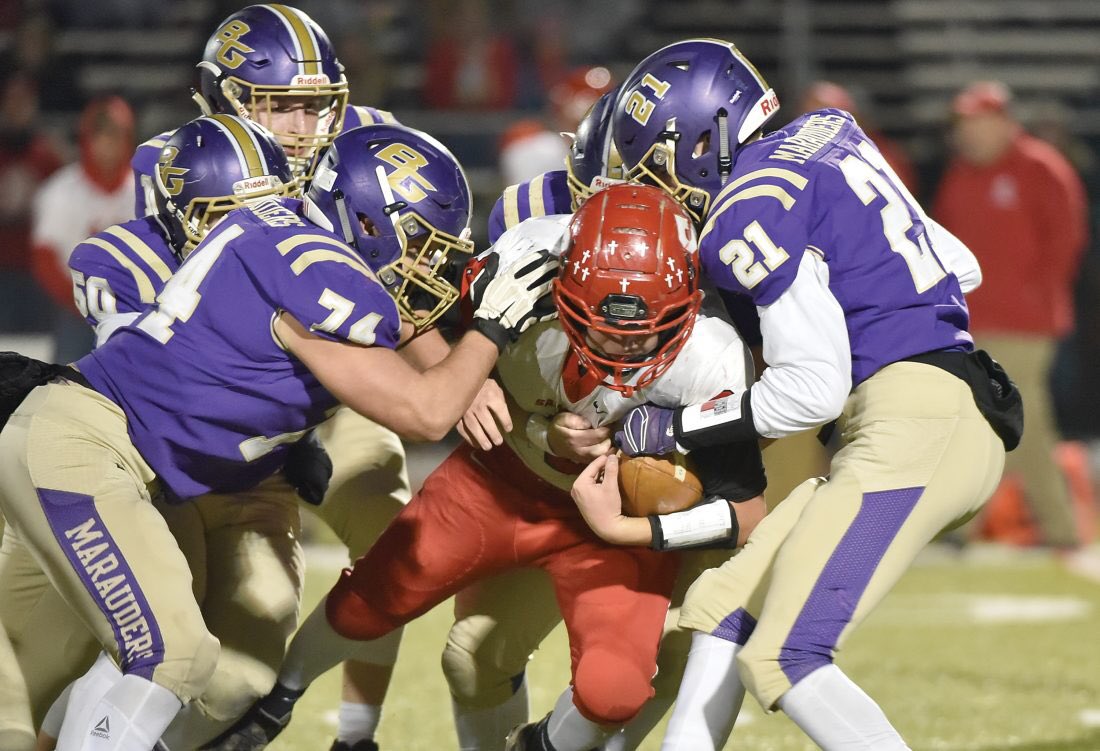 BGMarauderFball's tweet photo. Big-time win tonight by the Marauders as they beat a very good Saltsburg team 47 -18. The defense has 3 INT’s on the night. Our QB and 3 backs had over 300 yards (7yd avg. )rushing and our QB threw for a TD. #OneTeam1Goal #D6HereWeCome #D1FromBGtoCollge #ChampionshipMentality https://t.co/GUPuy7zQ6z