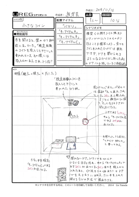 【#1日1アレグ 24日目 】 目を開けると、壁のはり紙の前に立っていた。「規定枚数のコインを投入してください」と書かれている。その横には投入口がある。さあ、どうする?  【#脱出ゲーム】 #ゲムマ2019秋 #ゲムマ #ゲームマーケット #UREG #装いの魔王城 #TRPG 