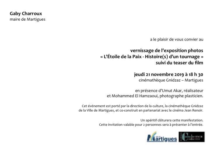 Med_ElHamzaoui's tweet photo. Rendez-vous ce jeudi à 18h30 à  la cinémathèque de #Martigues pour le vernissage de mon expo photo sur le tournage de l’Étoile de la paix, film écrit et réalisé par @UmutAkar98 https://t.co/hU1hA01lhy