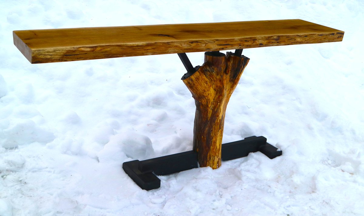 ERStLouis's tweet image. Both tops from the same Butternut tree, both pedestals from the same Hickory tree, 'Atlas at Home' &amp;amp; 'Nutters'. Approx. dimensions: 3" live edge slab tops, 48"+72"l. x 18" d. x 33" h. Tops finished in hand-polished beeswax, pedestals in satin poly, steelwork in flat black.