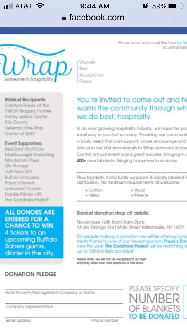 #wrapsomeoneinhospitality
Today is the blanket drive!   9a-2p  #buffaloniagara #niagara 
#hospitalitycomingtogether 
One blanket at a time is all it takes. ❤️