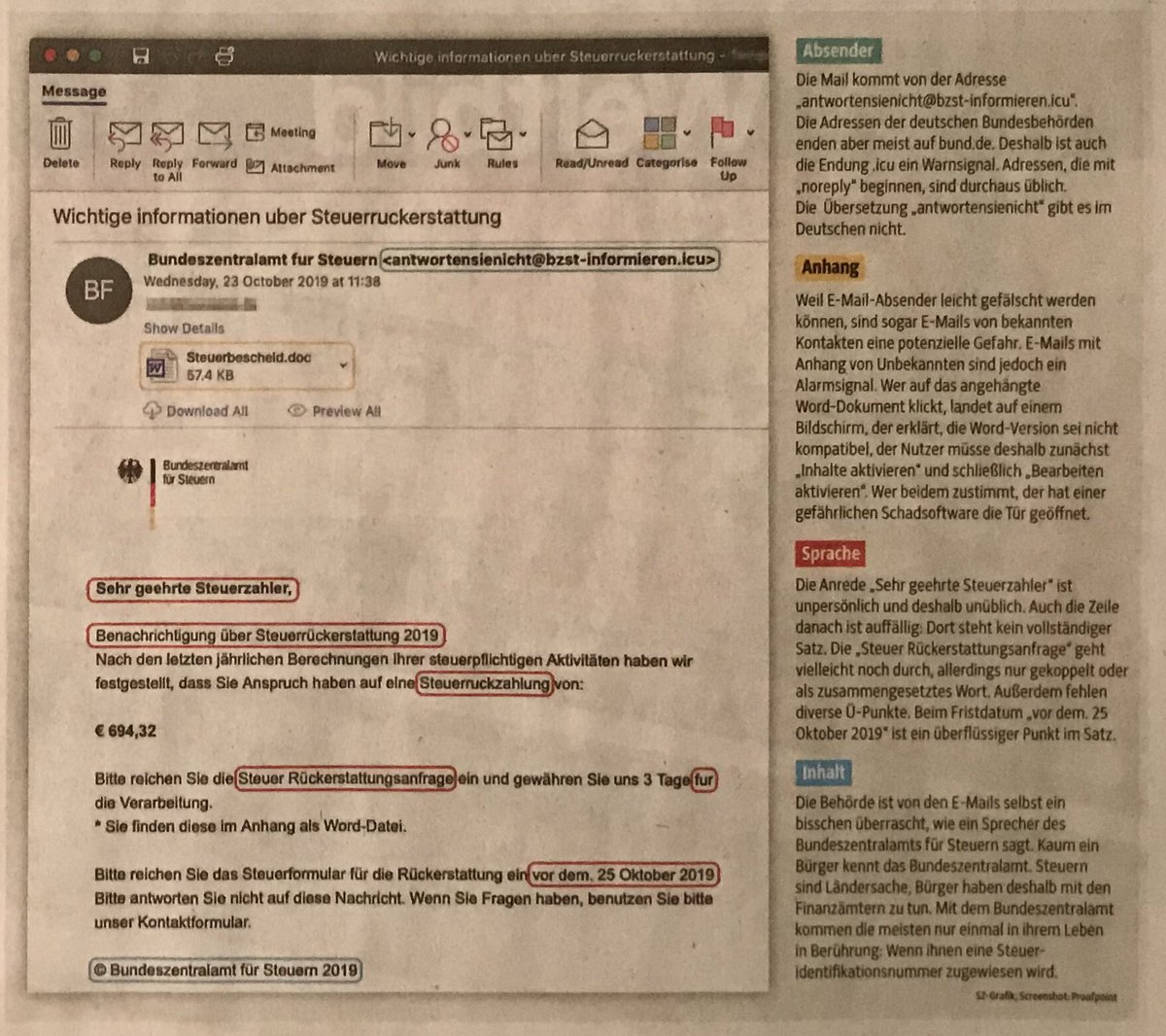 Klasse Visualisierung in heutiger ⁦<a href="/SZ/">Süddeutsche Zeitung</a>⁩ zur Erkennung von Phishing Mails. Mehr davon. Wir brauchen #Cybersecurity für alle