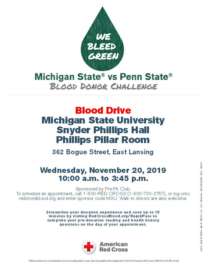 MSUredcross's tweet photo. Lets do two things this weekend! Lets #BeatMichigan and #BeatPSU in the blood donor challenge! To sign up for an appointment this coming week go to https://t.co/CxvOa72TS1 and use sponsor code MSU! Lets save lives together! @michiganstateu @MSUShawHall @AkersHall_Gov @ubbcmsu https://t.co/cF9AtpXCIW