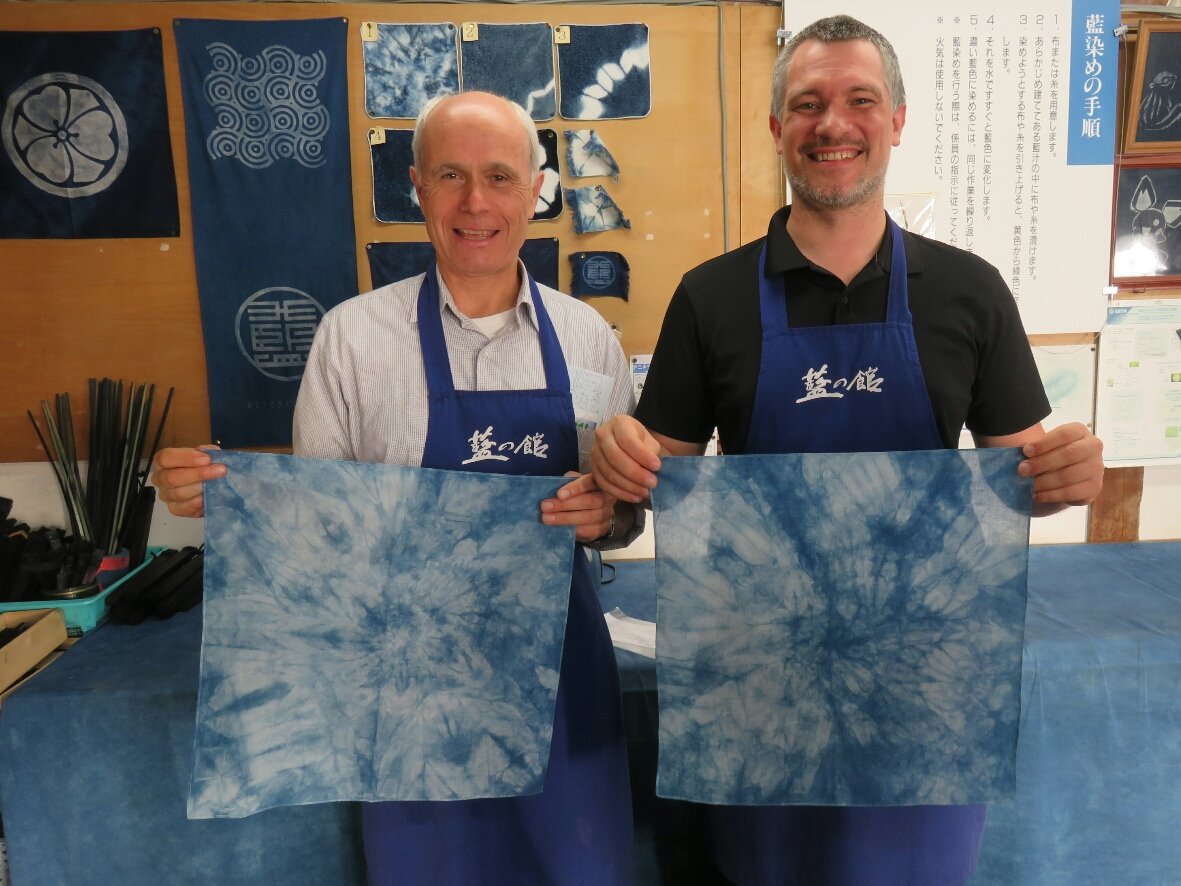 Phil & I made unique handkerchiefs  during an indigo-dyeing activity at Aizumi-cho Historical Museum. Easy & quick, kids & wheelchairs OK. You can buy related natural products on site.  #JapanTravelAizumi  #TokushimaPrefecture  #AccessibleJapan