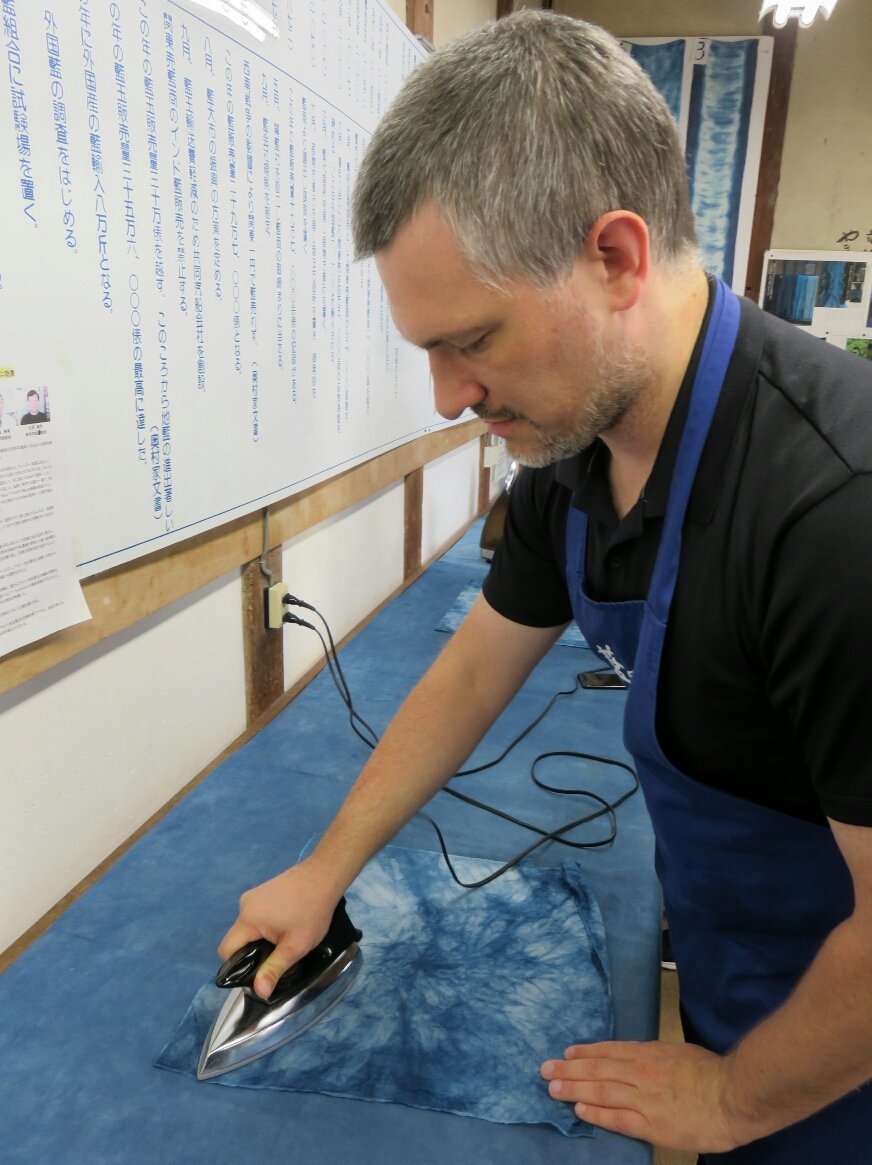 Phil & I made unique handkerchiefs  during an indigo-dyeing activity at Aizumi-cho Historical Museum. Easy & quick, kids & wheelchairs OK. You can buy related natural products on site.  #JapanTravelAizumi  #TokushimaPrefecture  #AccessibleJapan