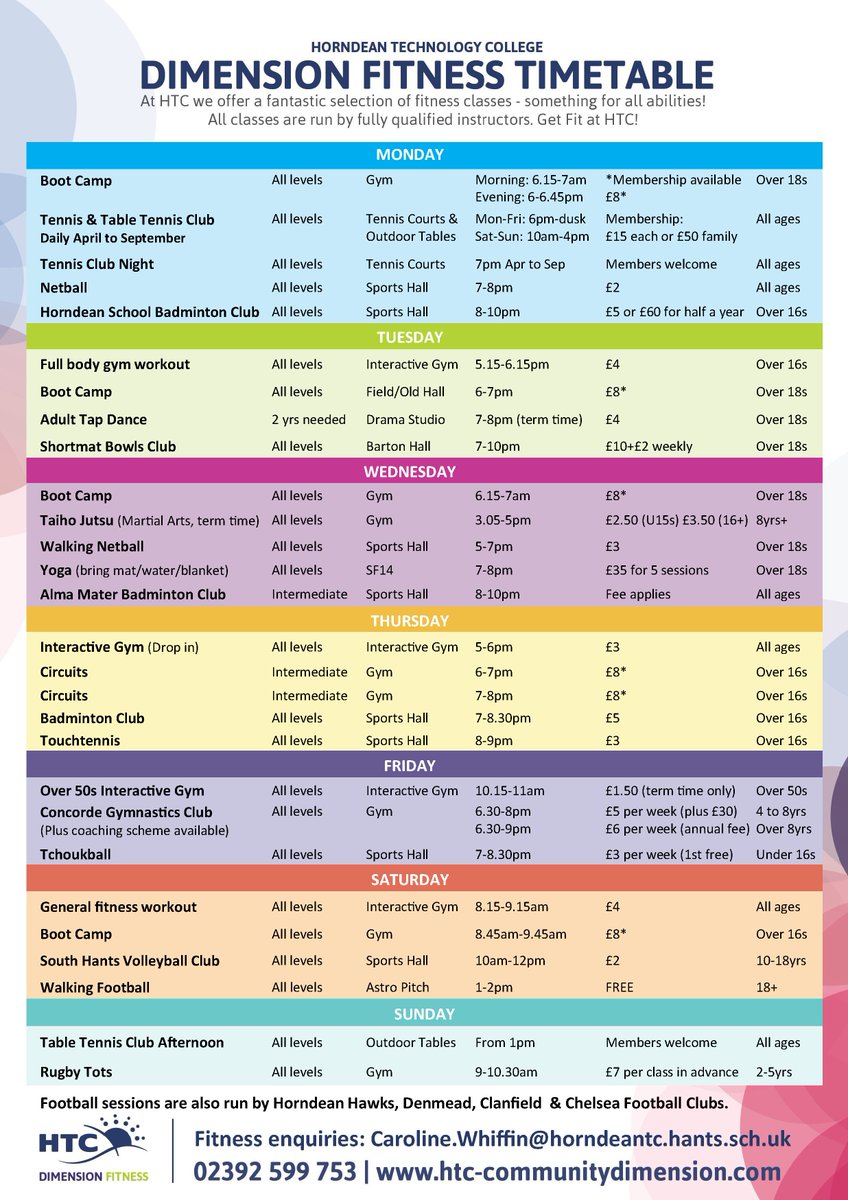 The new Community Fitness and Leisure programme for Horndean Technology College is now available. New classes starting after Christmas. Online booking available for some classes: htc-communitydimension.com, others are pay as you go. Community office 02392 599753.