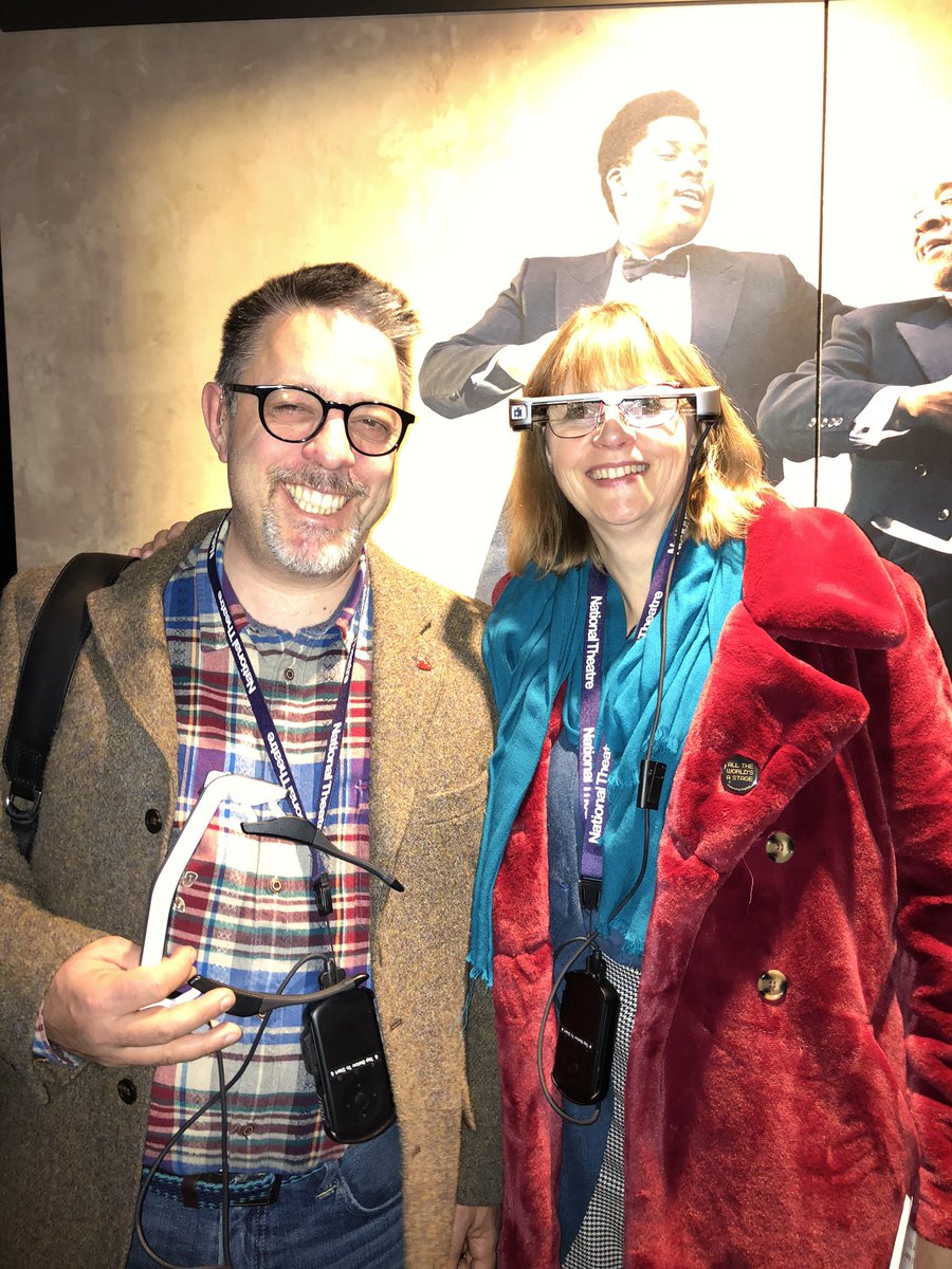 SarahChapman30's tweet photo. My cup (cap?!) runneth over! OH & I have choice of magic caption glasses and captions in front of stage for #masterharold at @NationalTheatre. Great to see @Stagetext peeps here raising awareness too #CAPaware19 https://t.co/QC1rbOx2d8