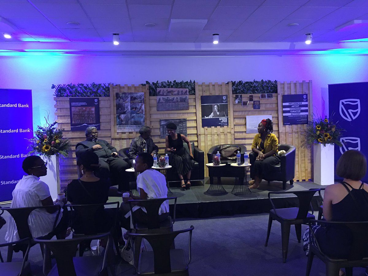 SAfmRadio's tweet photo. [NOW] on #worldstage a great panel discussion about @StandardBankArt Gallery’s ‘A Resilient Visionary: Poetic Expression of #DavidKoloane curated by #ThembinkosiGoniwe #AfricanheART with @shadotwala https://t.co/cp9l4bNQjo