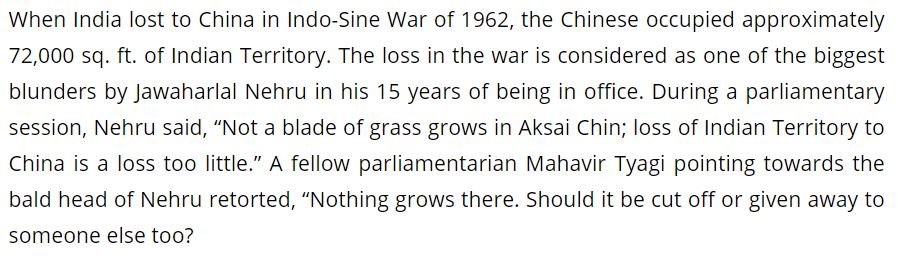 Nehru never owned up his debacles but made sure he finds sacrificial goats in other Congress leaders.Mahavir Tyagi (freedom fighter) told Nehru to his face – “यारों के सर कटा कर सरदार बन गए”.Screenshot below for what Tyagiji said when Nehru tried to whitewash his blunder 