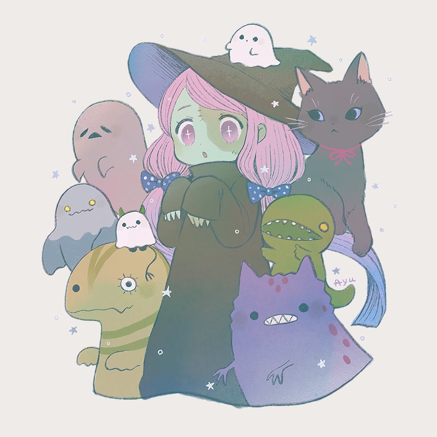 1girl ghost pink hair hat cat witch hat green skin  illustration images