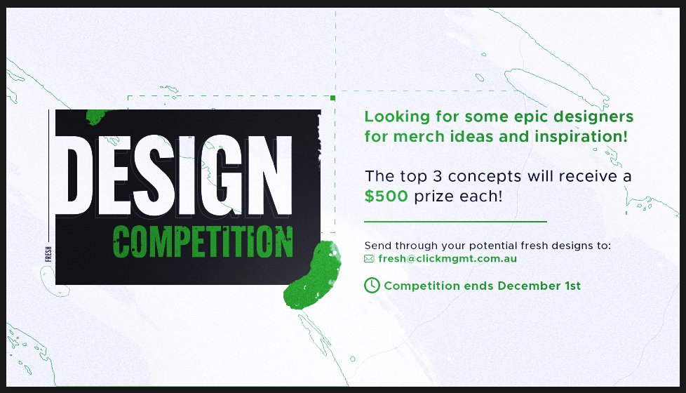 Fresh's tweet image. 🥒DESIGN COMPETITION 🥒
Your boy is looking for some epic designers for merch ideas and inspiration!

The top 3 concepts will receive a $500 prize each! Designs that are used will also be commissioned and there’s ongoing work with me for everything exciting coming in 2020 too! 🥒