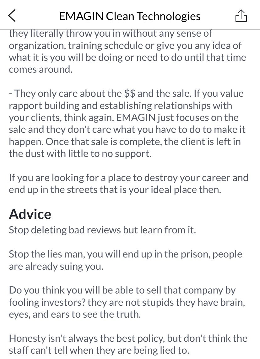 ChalkZiggy's tweet image. Bril’yup @SuckWatwer you seen the latest @EmaginTech Glassdoor resume it real sucks man.  Emagin have honest reviews removed daily cos they’re controlling Glassdoor reviews to make them look like a cool startup #fakepositivereviews #lies #toxic #AI4water