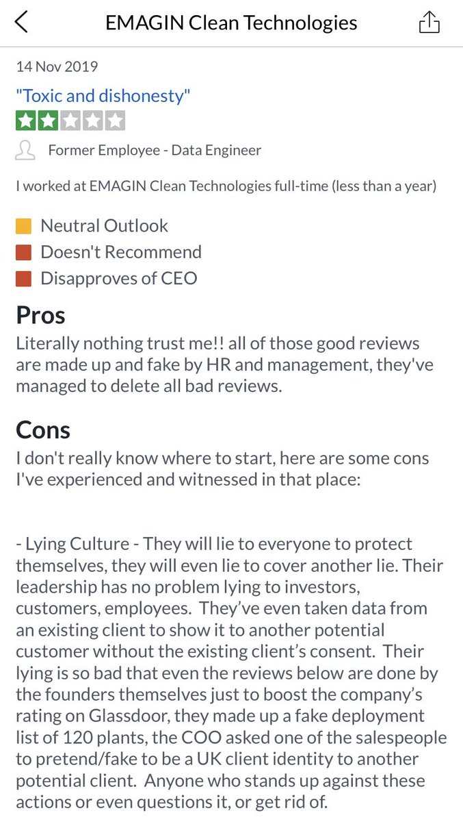 ChalkZiggy's tweet image. Bril’yup @SuckWatwer you seen the latest @EmaginTech Glassdoor resume it real sucks man.  Emagin have honest reviews removed daily cos they’re controlling Glassdoor reviews to make them look like a cool startup #fakepositivereviews #lies #toxic #AI4water