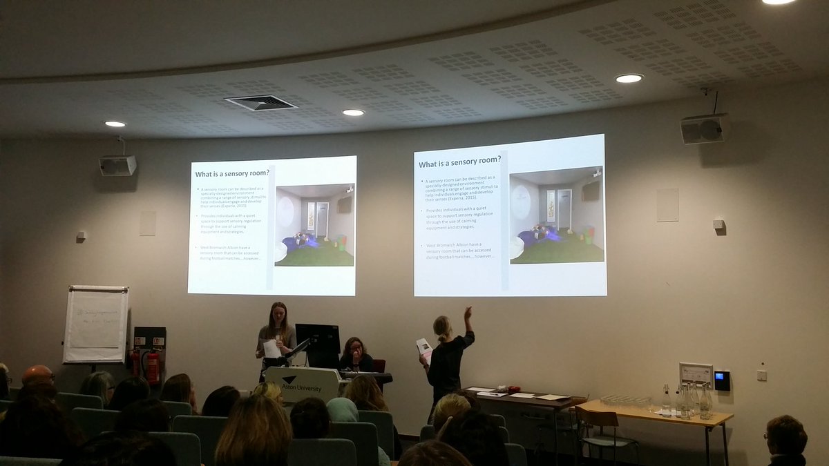 TanyaRihtman's tweet photo. "use of a sensory room can be considered a self-care activity"3rd year @worcester_uni OT students report on contemporary p/ment developing autism friendly football stadium,&amp;associated research study,&amp;grounding their presentation in #OTtheory. SO impressed! #sensoryintegration2019 https://t.co/Ay2iglyJ8N
