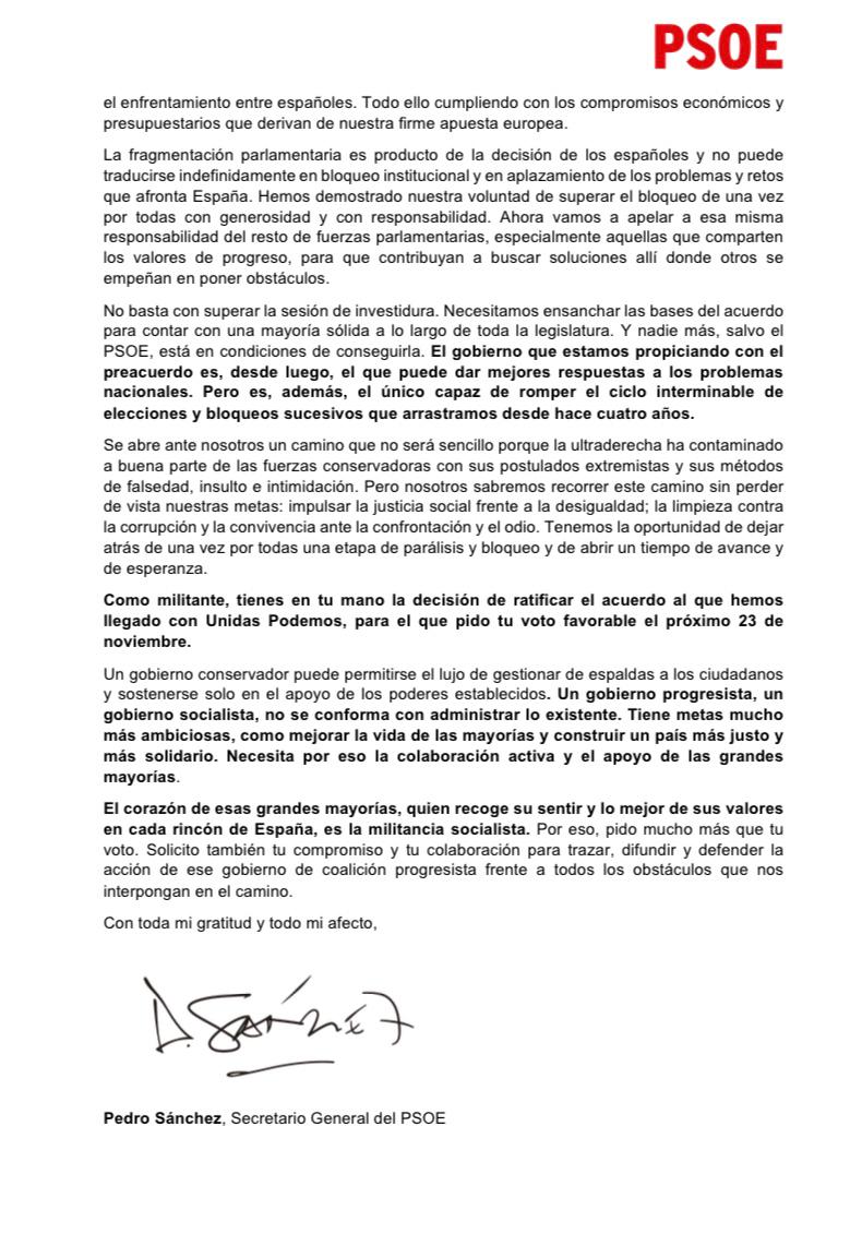 sanchezcastejon's tweet photo. El @PSOE es el único partido que puede romper el ciclo de elecciones y bloqueos que arrastramos desde hace cuatro años. Tenemos la oportunidad avanzar en una senda progresista.

Como militante, tienes en tu mano la decisión de ratificar el acuerdo con UP.
https://t.co/5Rr5jl4AeC https://t.co/cnPXoDSKud