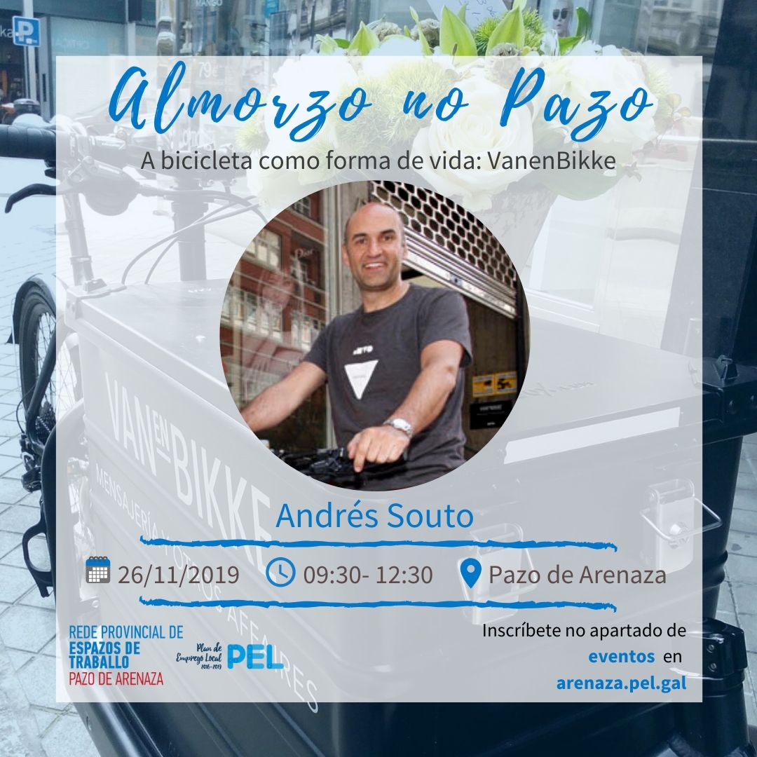 E o próximo día 26 de novembro... #AlmorzonoPazo! 🥐☕️ Reserva cita na túa axenda e coñece a experiencia emprendedora de Andrés Souto e <a href="/VANENBIKKE/">VANENBIKKE®</a> 🚴🏻‍♂️ Non deixes que cho conten!

👉🏻 Inscríbete xa: bit.ly/33s7O3j
.
.
#pazodearenaza #coworking #emprendimiento
