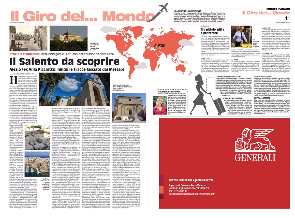 Claudia_Cabrini's tweet photo. Questa settimana, con la mia rubrica #IlGiroDelMondo per #MondoPadano, vi riporto al #Sud! 🇮🇹 Ecco il mio articolo su #Alezio, in provincia di #Lecce e a pochi chilometri da #Gallipoli 🥰 Ci leggiamo in edicola 📰❤️ #WeAreInPuglia #WeHostInPuglia #AlezioDaScoprire https://t.co/2eqw8rOJzJ