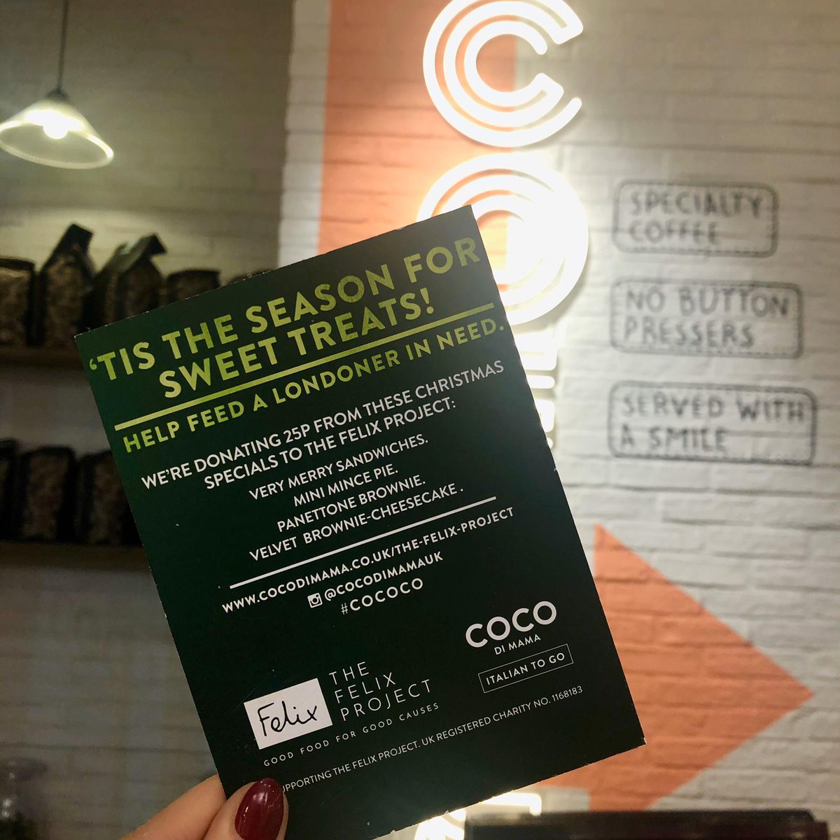 This Christmas we are donating 25p from these Christmas specials to <a href="/thefelixproject/">Felix Project CanSat</a> : Very Merry Sandwiches, Mini Mince Pie, Panettone Brownie, Velvet Brownie-Cheescake. Help feed a Londoner in need. #cococo #cocodimama #thefelixproject