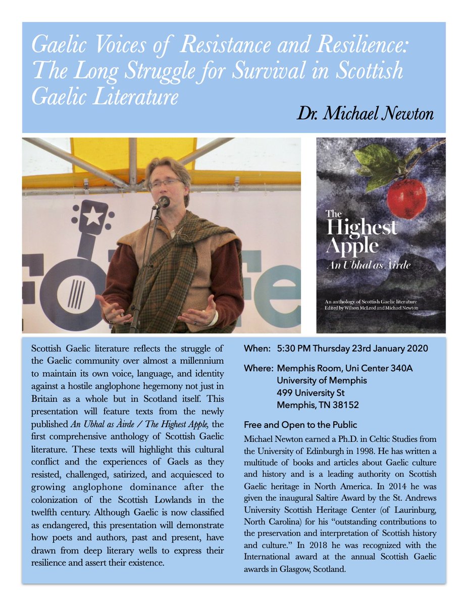 Talk at University of Memphis, 23rd Jan 2020: “Gaelic Voices of Resistance and Resilience: The Long Struggle for Survival in #Scottish #Gaelic Literature”
