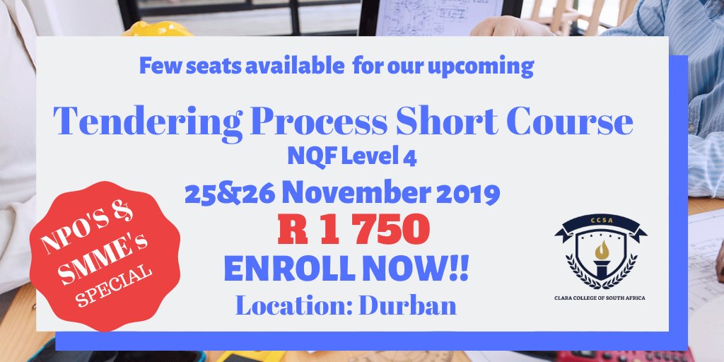 ClaraCollegeSA's tweet photo. #DJSBU We do training for individuals as well as corporates. Enrol for our accredited upcoming short course, contact us 031 941 6020 https://t.co/4UW15ov3MS